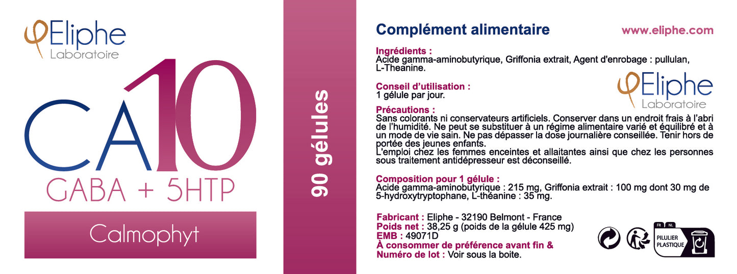 Étiquette du complément alimentaire Calmophyt CA10 Eliphe – GABA, 5-HTP, L-Théanine, composition, conseils d’utilisation et précautions.