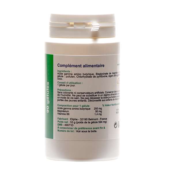 Informations nutritionnelles et précautions du complément Gaba One CA23 Eliphe – Acide gamma amino butyrique, magnésium, vitamine B6.